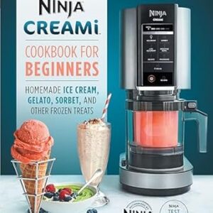 Official Ninja Creami cookbook for beginners. Picture of a ninja machine a milkshake and an ice cream cone.